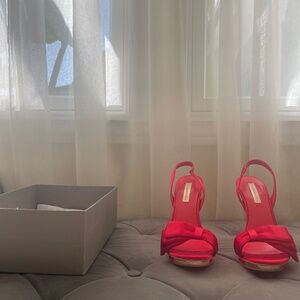 Gorgeous red satin open toe stilettos